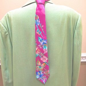 Pink silk tie with flowers and butterflies
